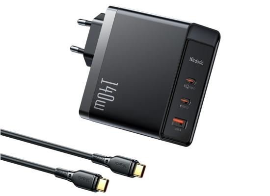 Mcdodo CH-2913 140W GaN5 Pro Fast Charger with two USB-C ports and one USB-A port + 1.2 m 240W USB-C to USB-C Cable, Compatible with MacBooks, iPhones, Samsung Galaxy, Huawei, Xiaomi, Dell, Lenovo, and more – Black